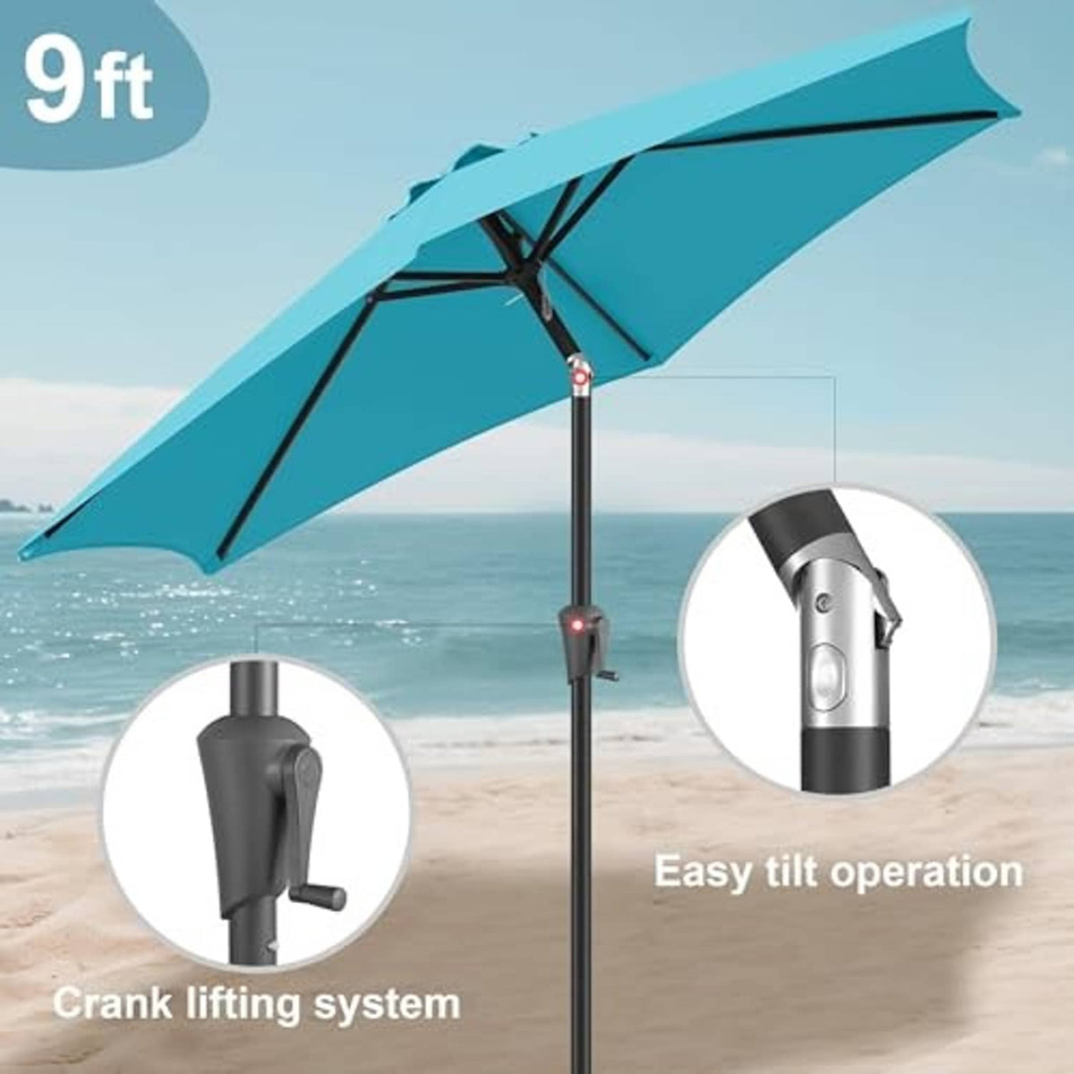 Aqua blue patio table umbrella pole with push-button tilt and open canopy