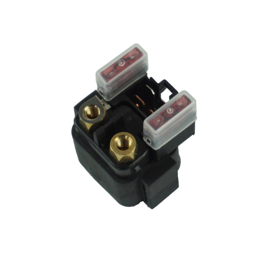 Starter solenoid relay with two mounting studs and red-tinted electrical cover windows