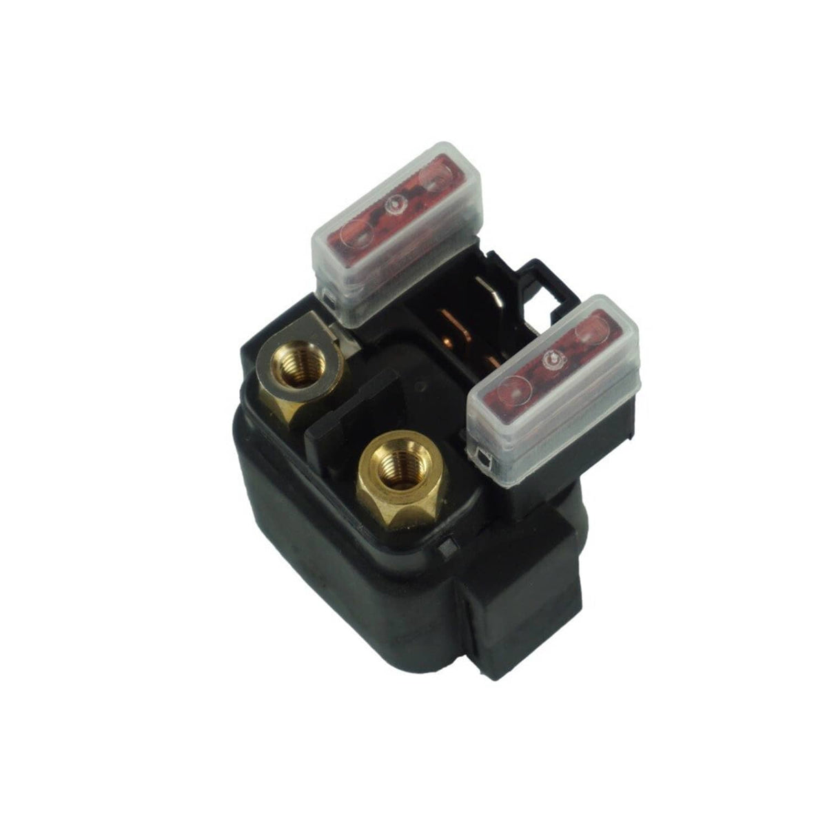 Starter solenoid relay with two mounting studs and red-tinted electrical cover windows
