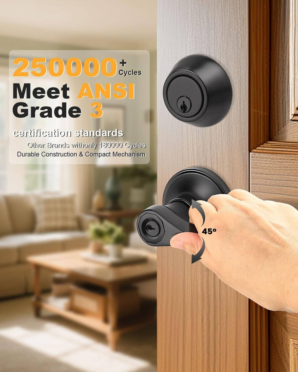 Matte black exterior door lever lockset with key cylinder, thumb-turn inside, keys shown