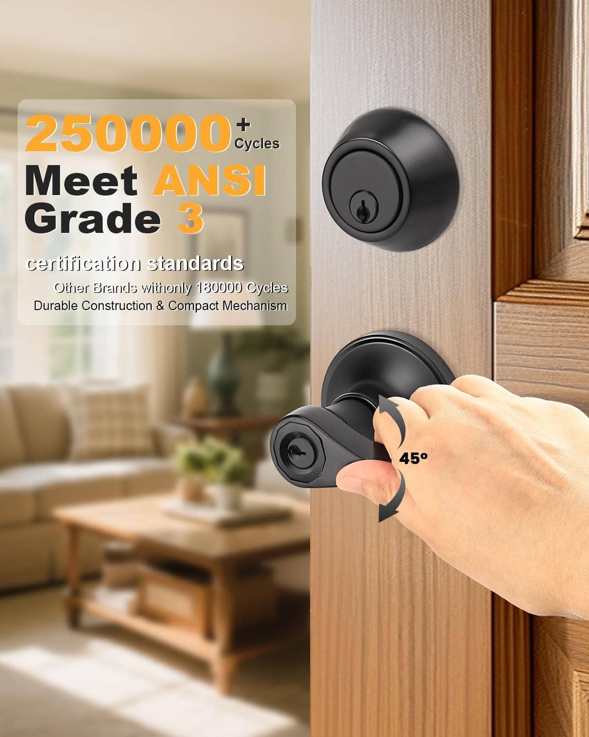 Matte black exterior door lever lockset with key cylinder, thumb-turn inside, keys shown