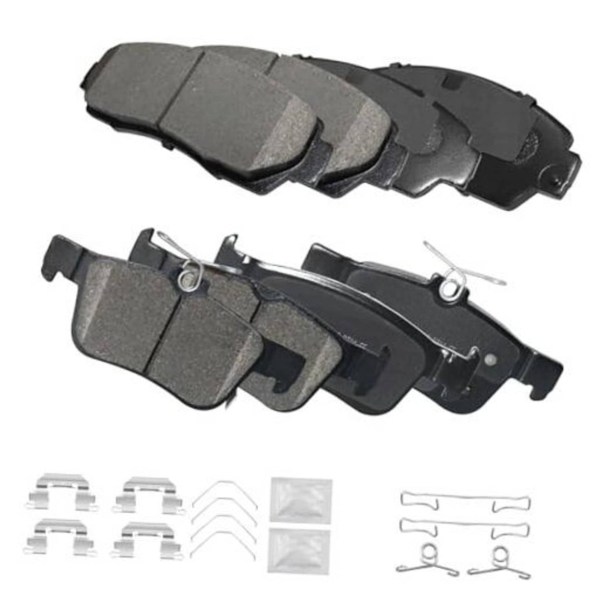 Ceramic front and rear brake pad set, dark gray friction pads with backing plates