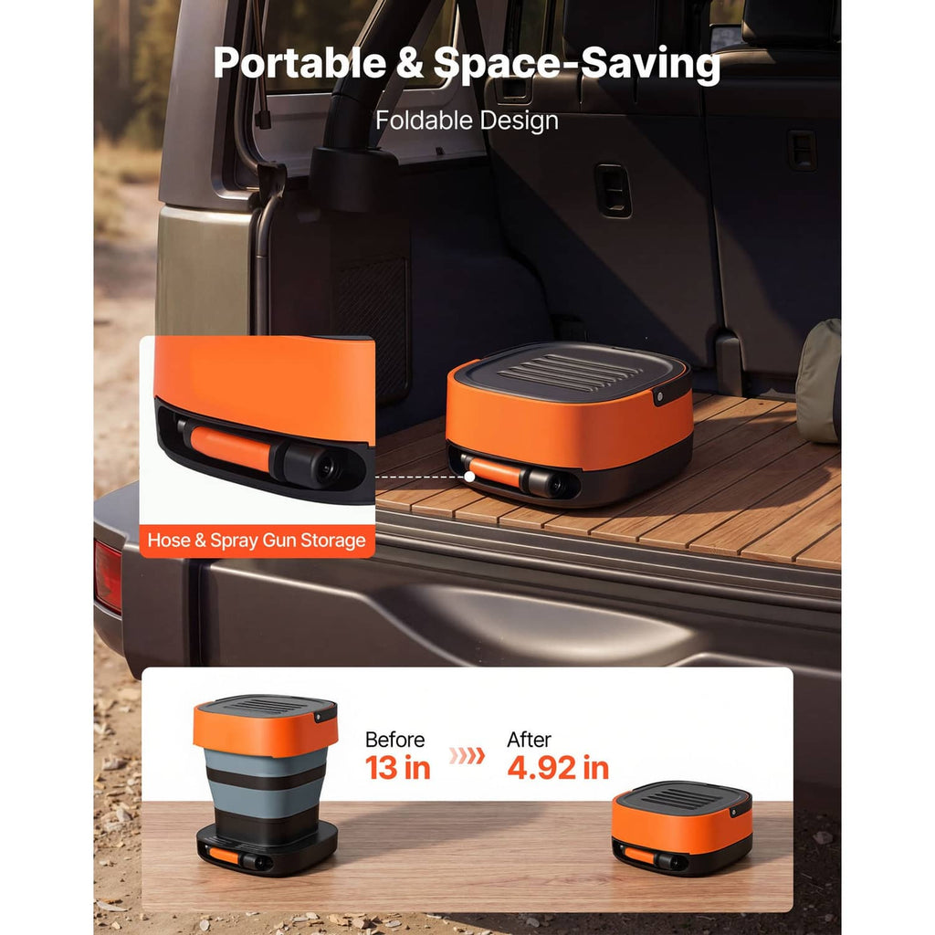 Compact portable pressure washer with foldable design, orange top, black handle and base