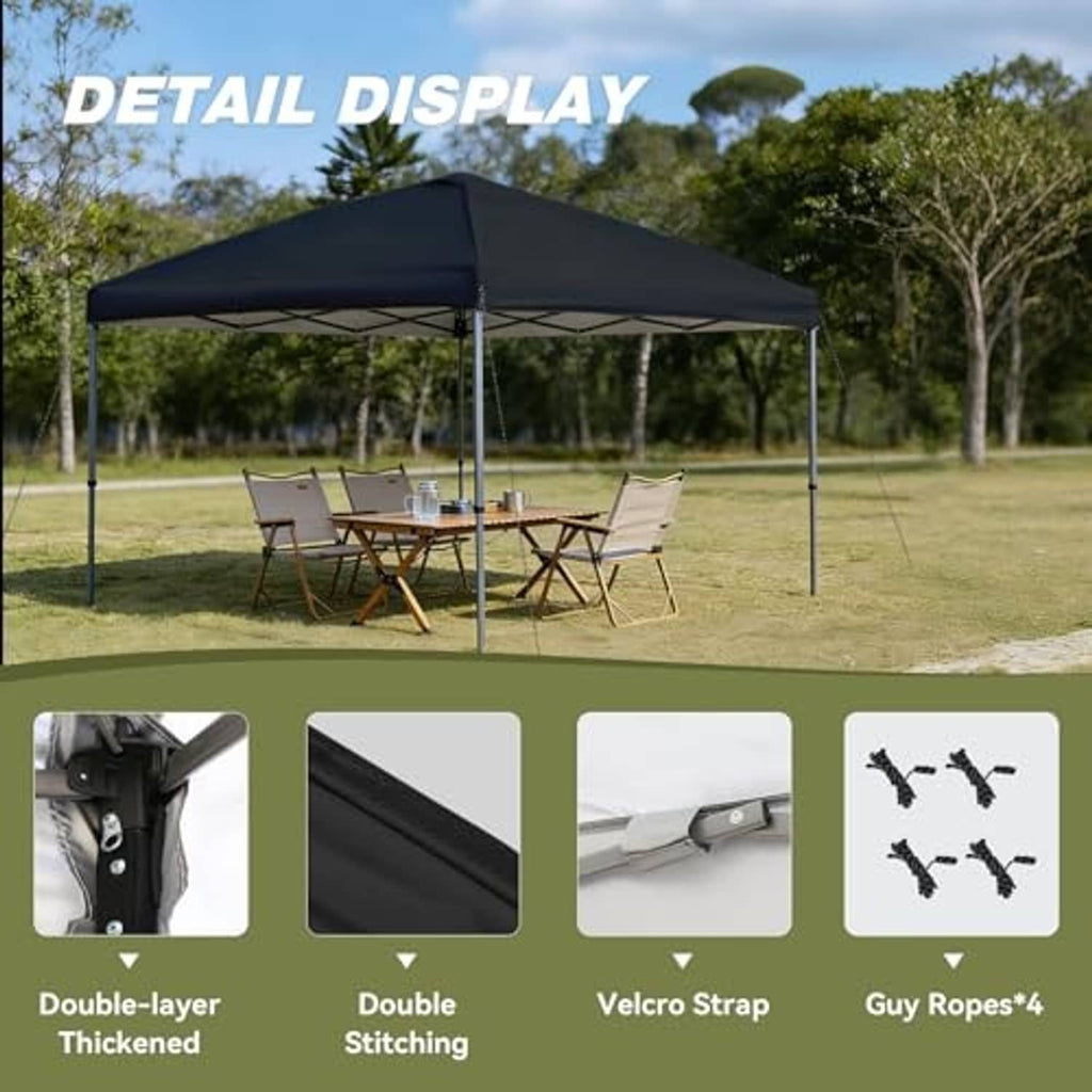 Black 10x10 canopy top with peaked roof, double-layer stitching detail shown