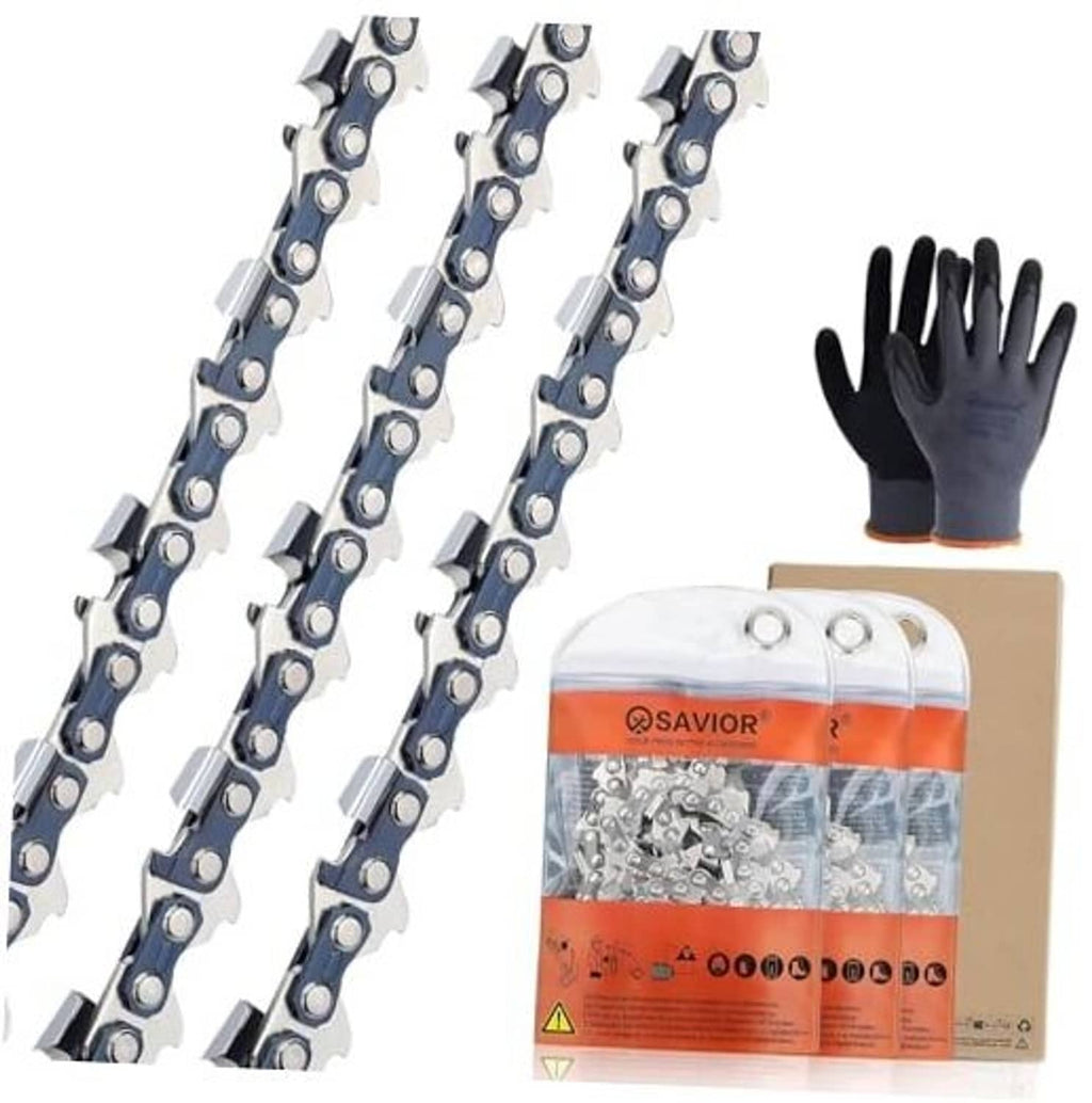 3-pack chainsaw chain set: silver cutters with blue links, shown in sealed package