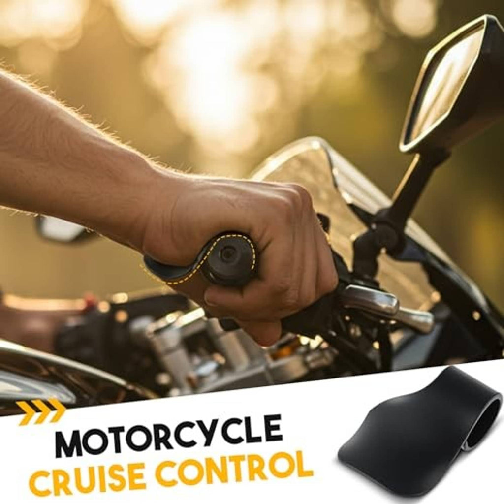 Black motorcycle throttle lock clamp mounted on handlebar, rider’s hand