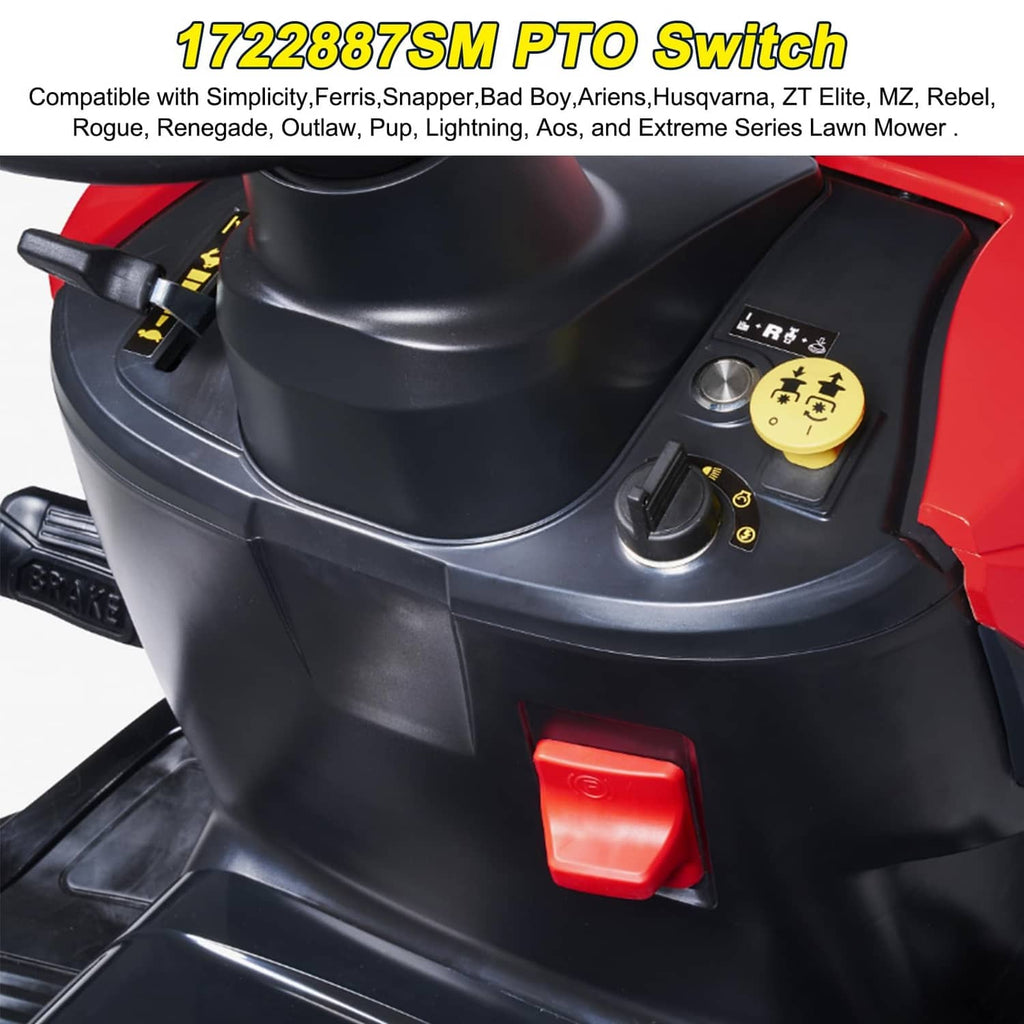 PTO switch with yellow actuator knob mounted on a black mower control panel