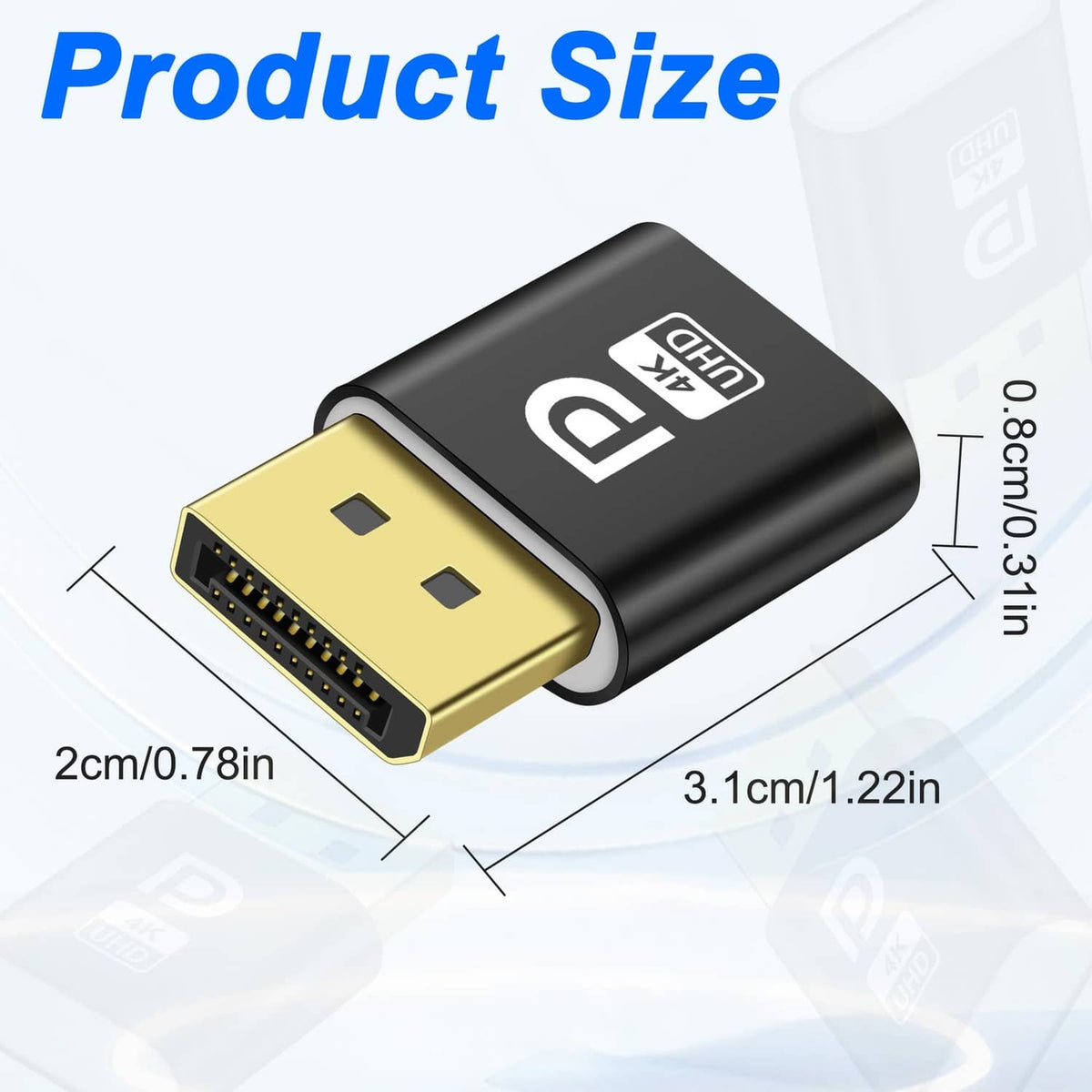 Black DisplayPort ghost emulator with gold plug, compact dongle with blue LED