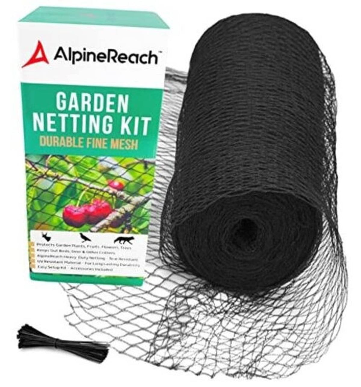 Garden netting roll and black fine mesh sheet with ties included; AlpineReach