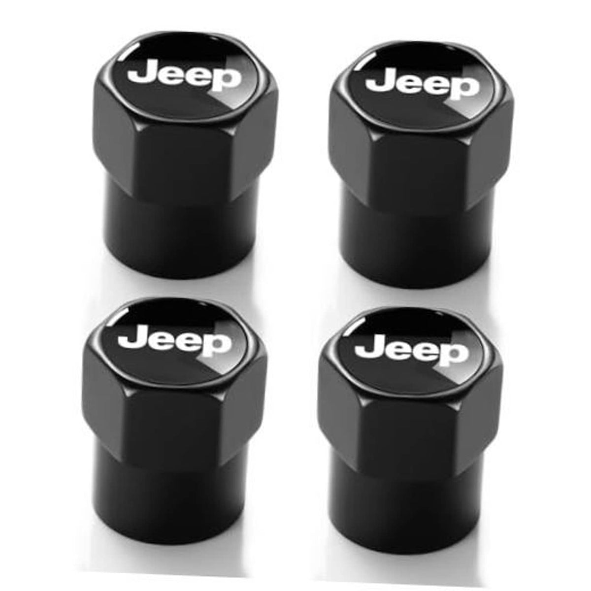 Black metal tire valve stem cap with Jeep logo, hex shape protective cover