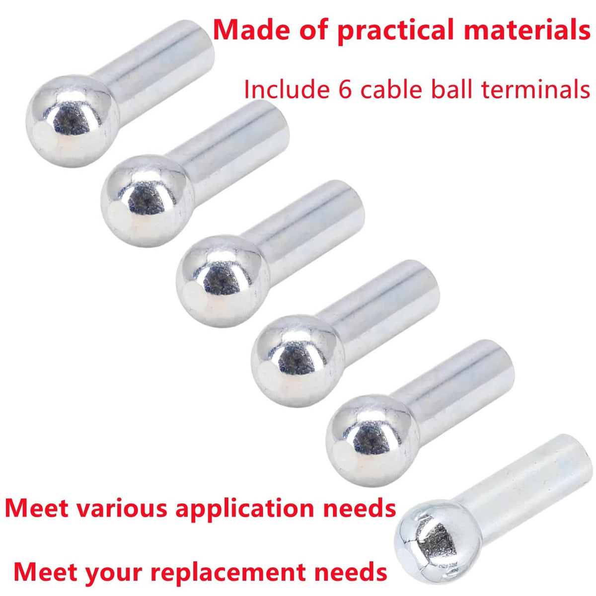 Six-pack silver cable ball terminals with round ball stoppers on cylindrical posts.