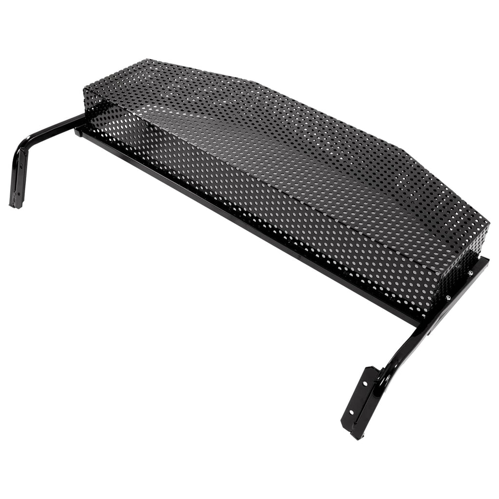 Perforated metal cargo basket on black frame with front and side mounting brackets