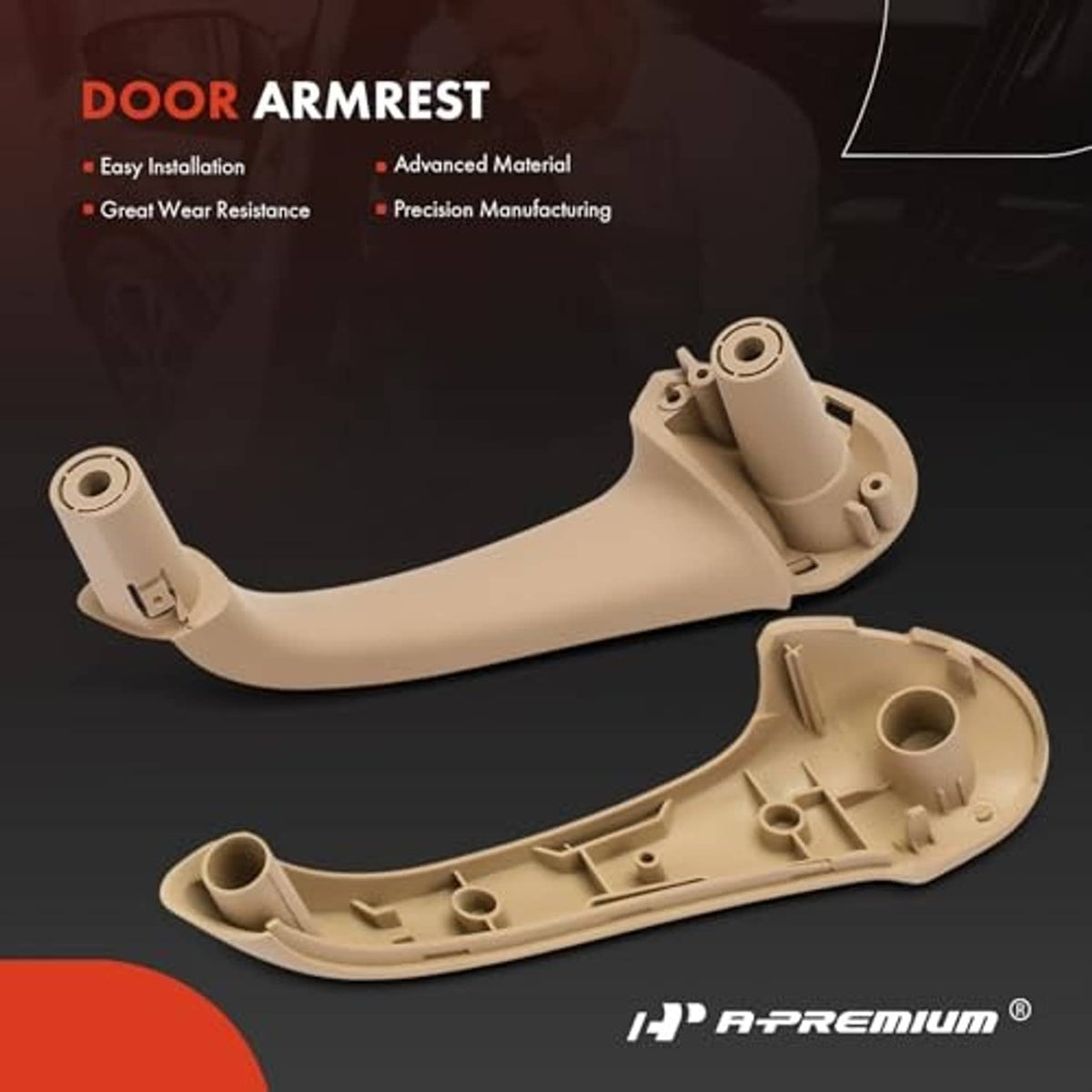 Beige door armrest pair with internal base component and mounting hardware