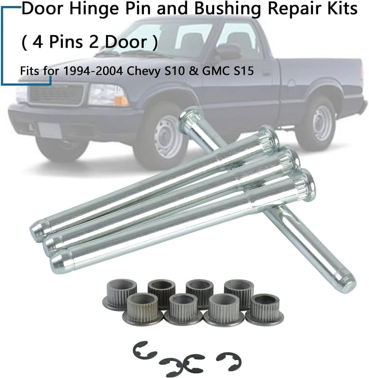 Door hinge pin and bushing repair kit with silver pins, black bushings, and clips
