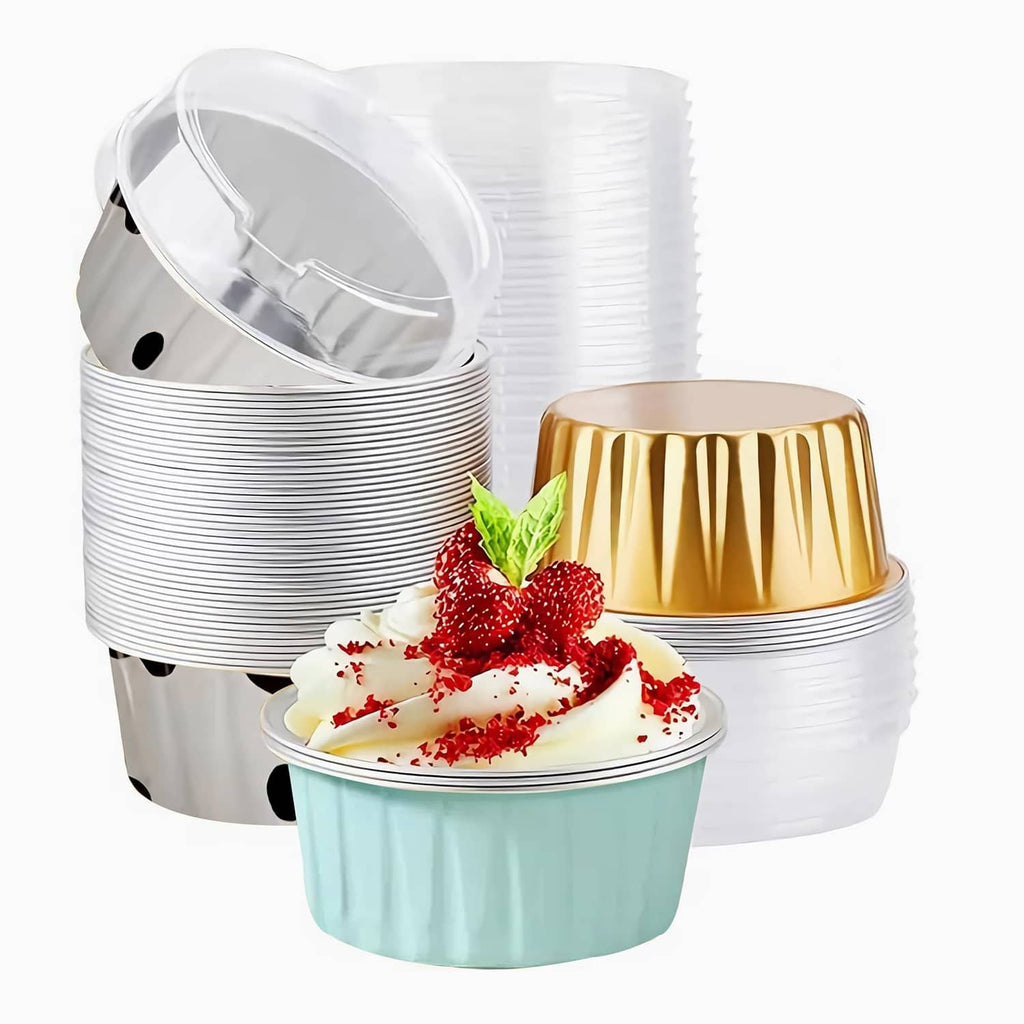 Set of white disposable ramekins with clear round lids, stacked for serving