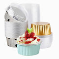 Set of white disposable ramekins with clear round lids, stacked for serving