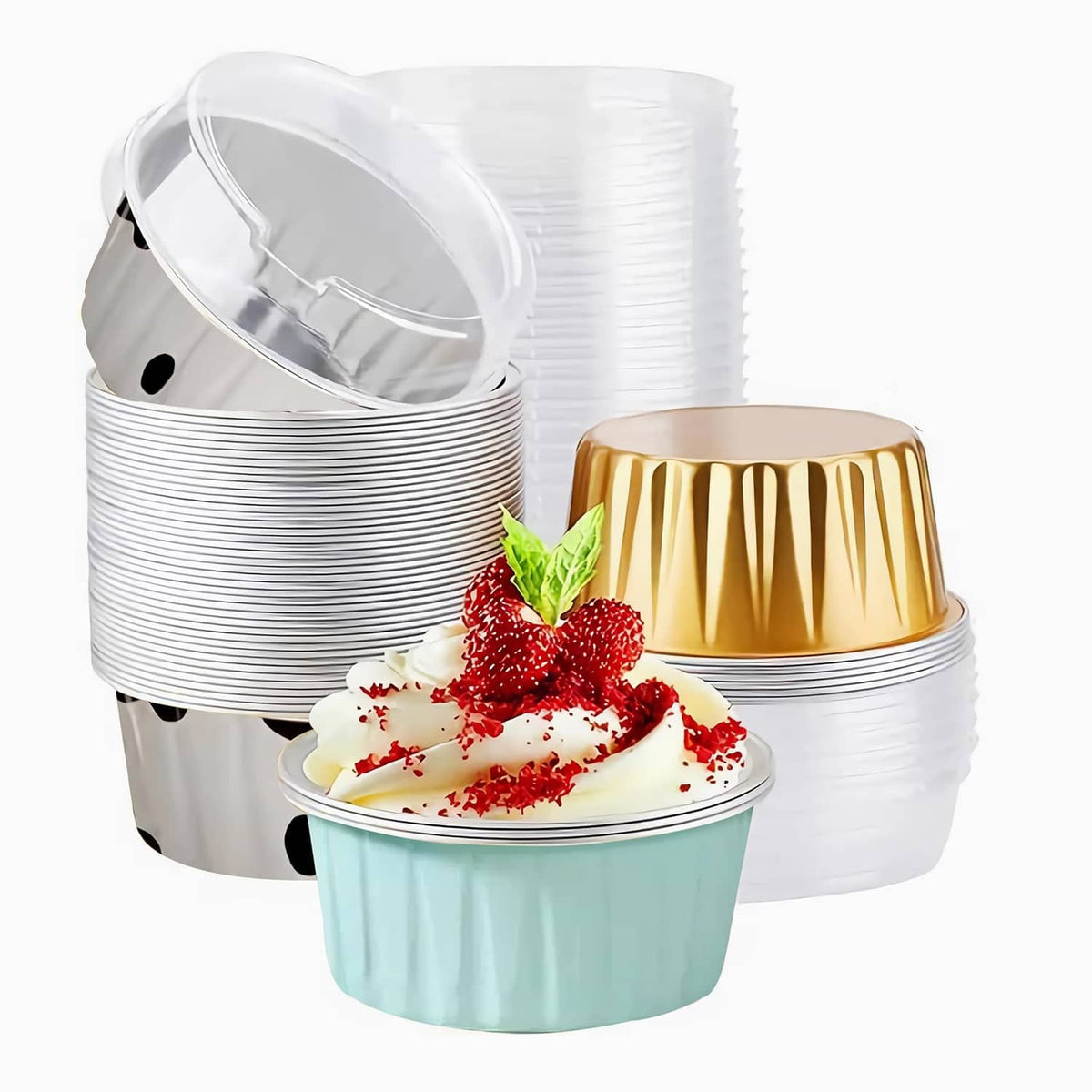 Set of white disposable ramekins with clear round lids, stacked for serving