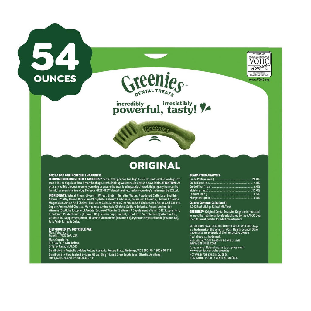 Greenies Dental Treats Original bag, 54 ounces, nutrition and ingredient panel