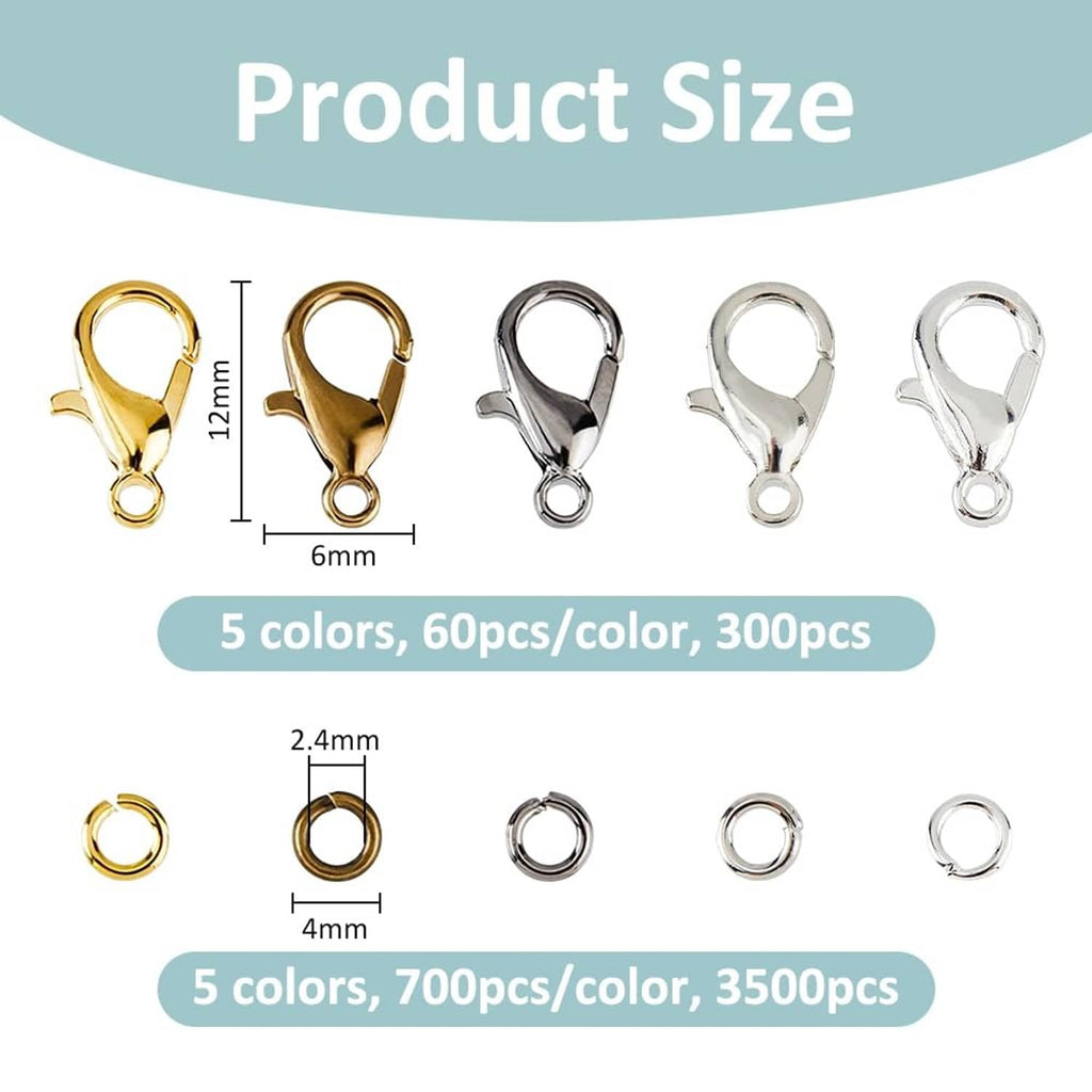Lobster claw clasp and jump ring size diagram with gold, bronze, and silver options