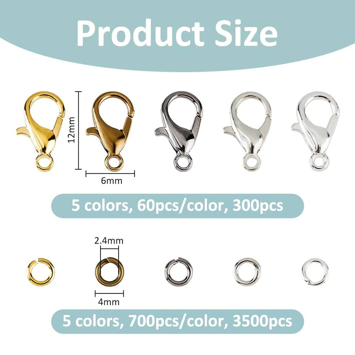 Lobster claw clasp and jump ring size diagram with gold, bronze, and silver options