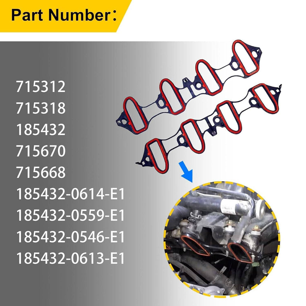Intake manifold gasket set with red-trim gaskets and part-number reference chart