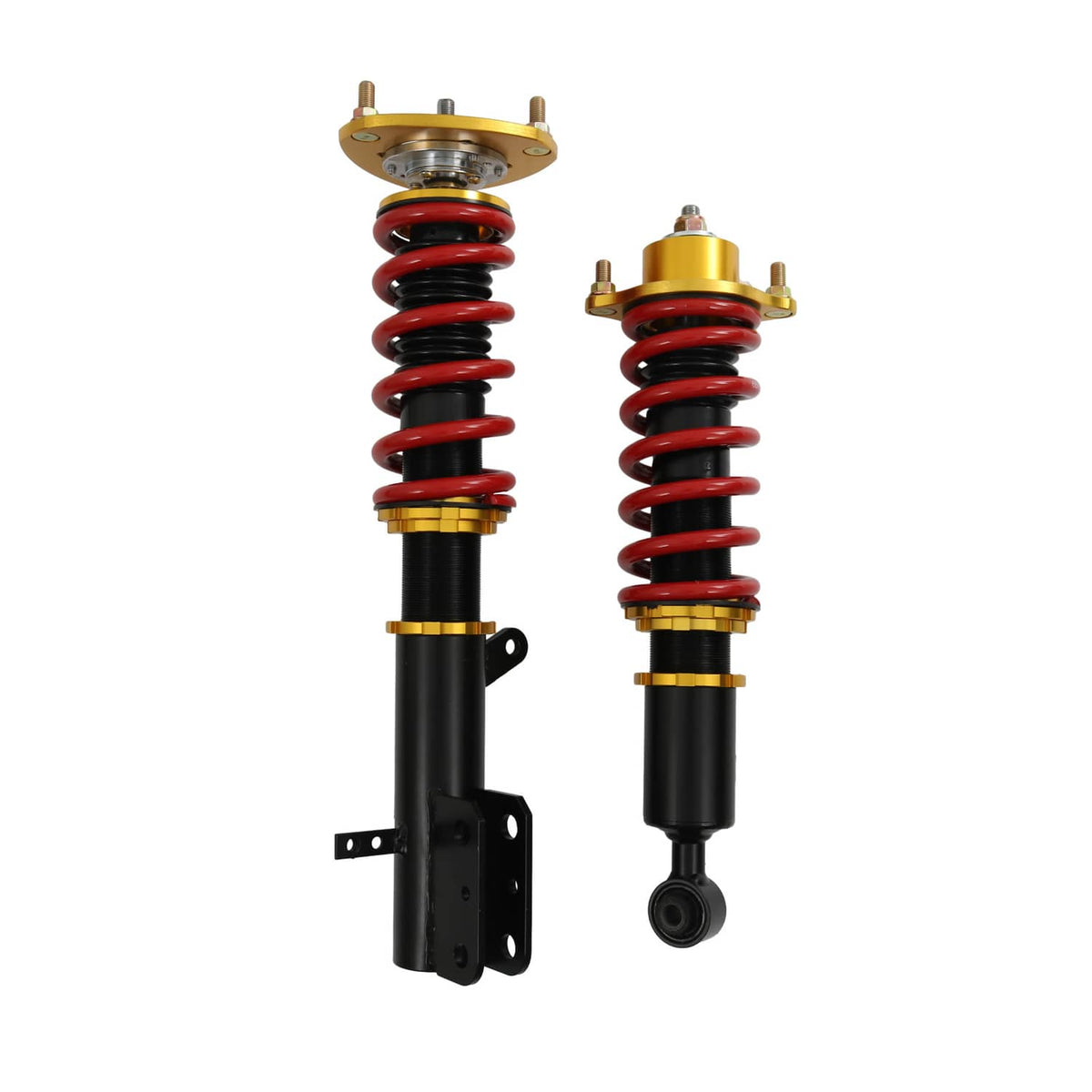 Coilover struts pair upright view with red springs, black shock bodies, and gold spring seats.