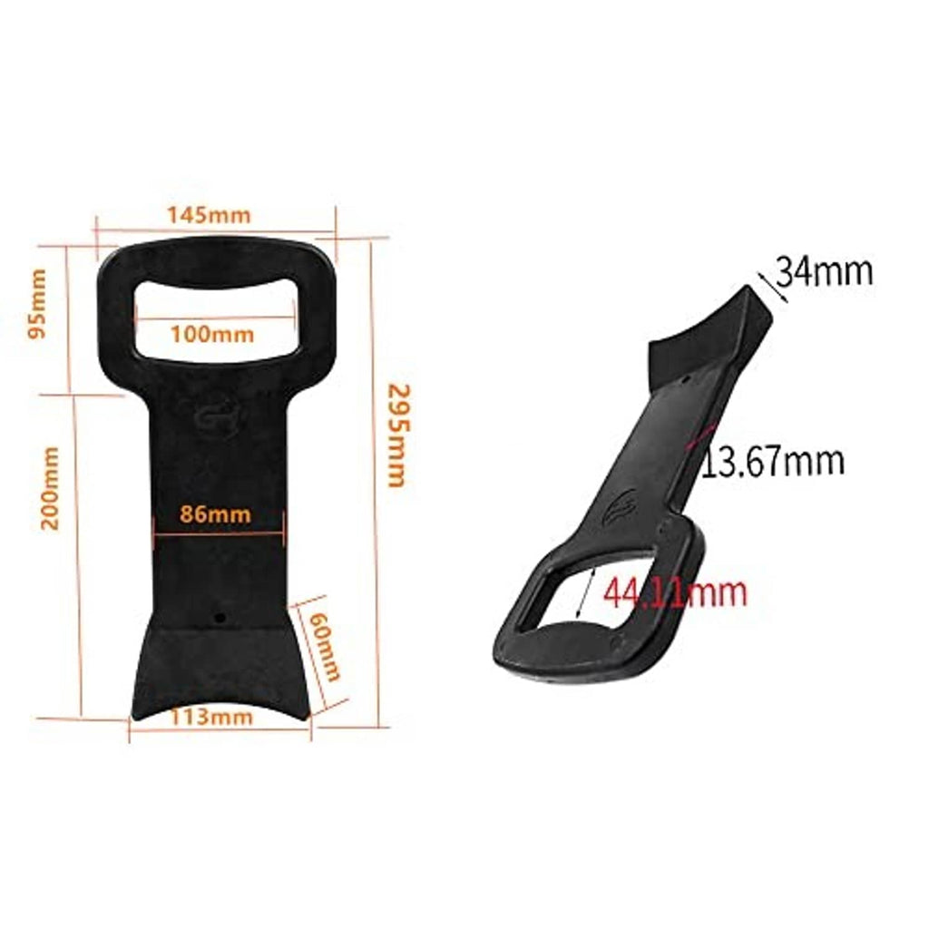 Black tire bead clamp tool with size diagram and angled hook end