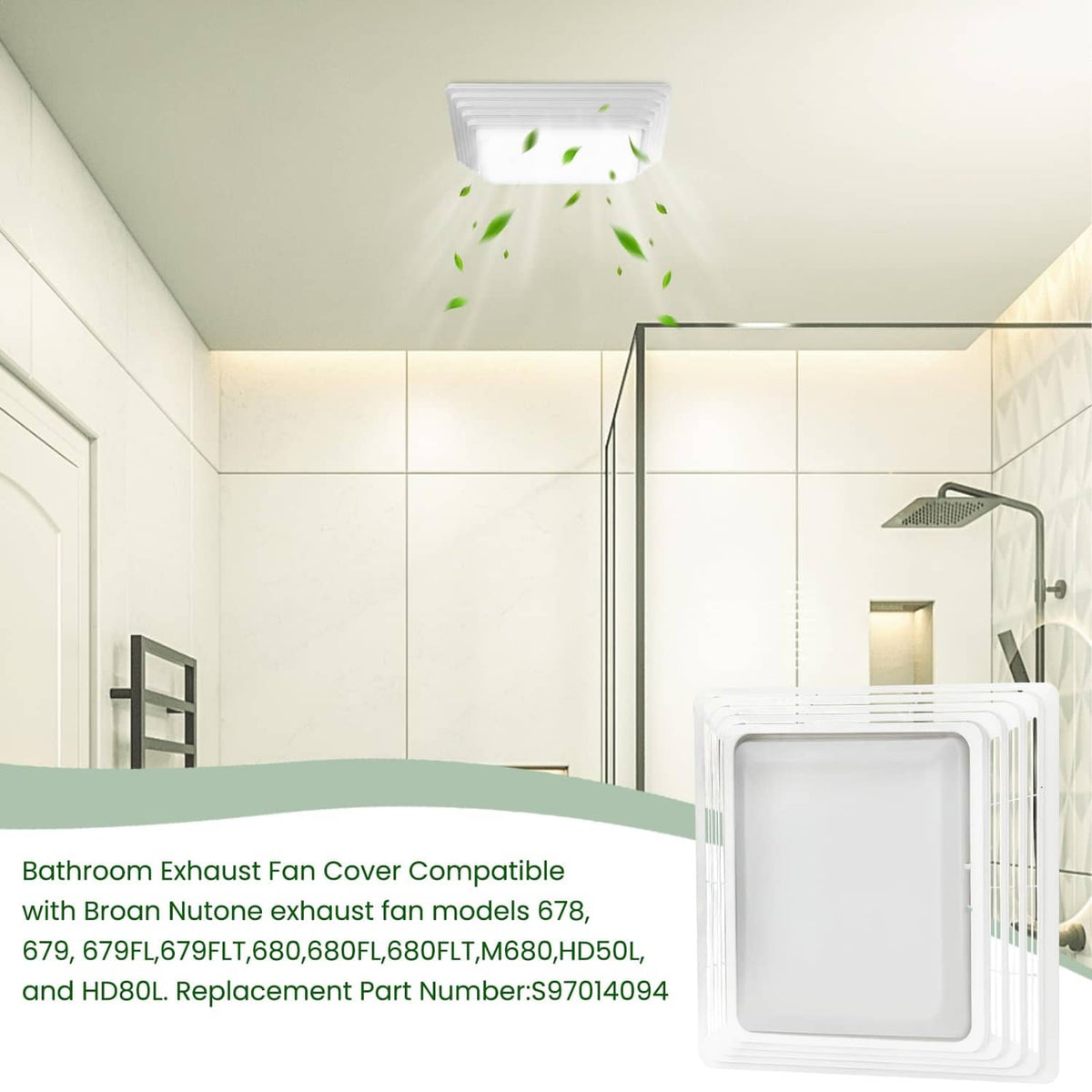 White square bathroom exhaust fan cover grille, front view
