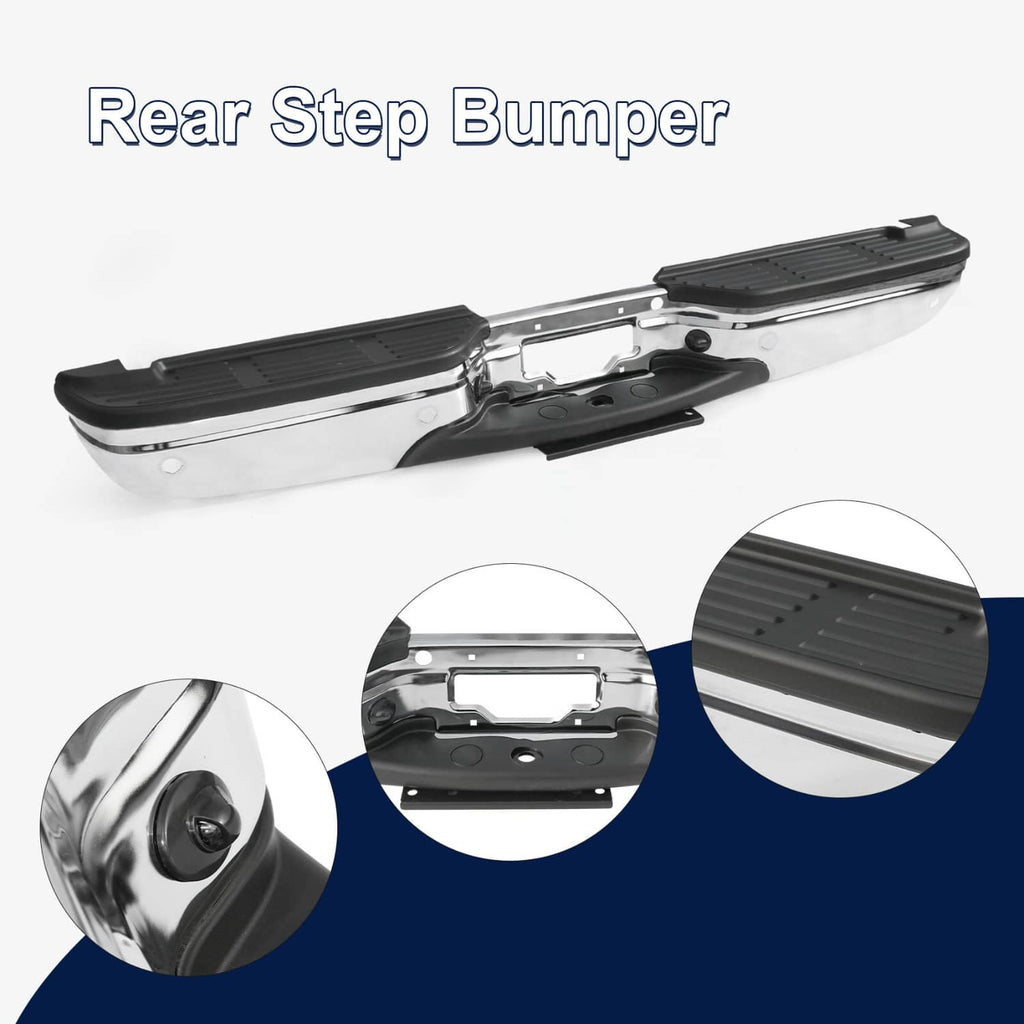 Rear step bumper with chrome finish and black textured step pads, sensor mounting bracket included