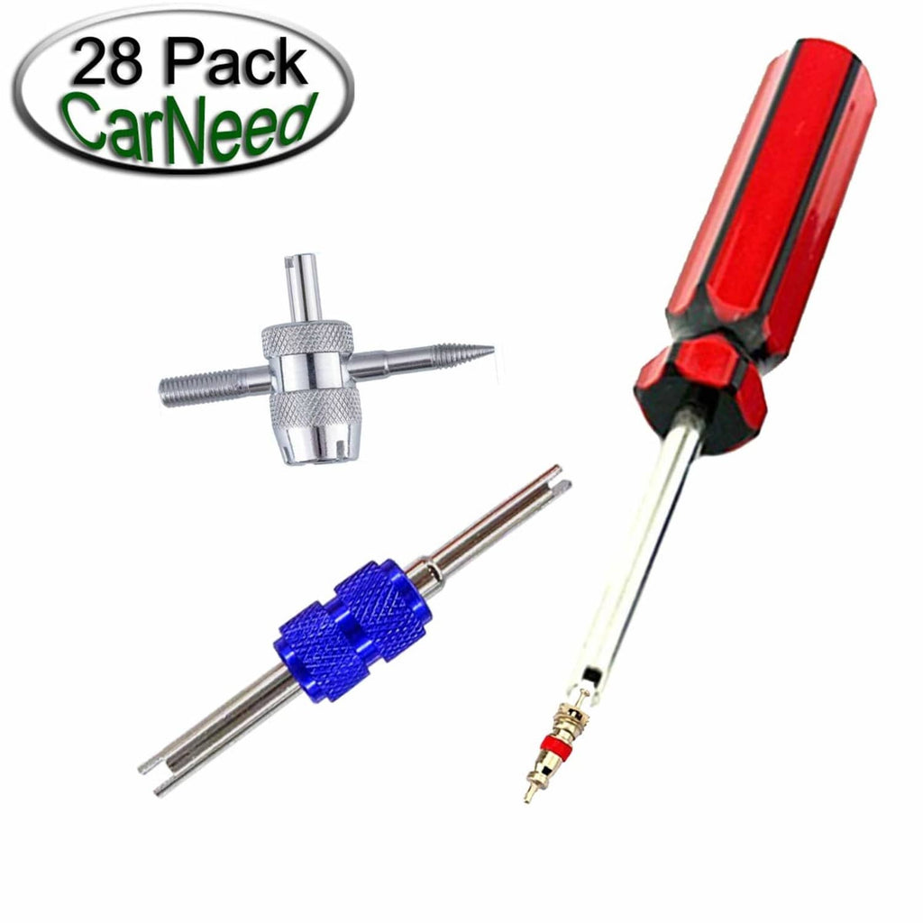 Tire valve core tool kit with red handle, blue adapter, silver holder, and valve cores