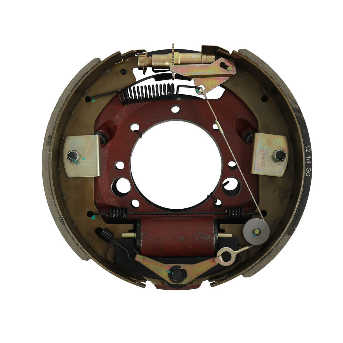 Hydraulic trailer brake drum assembly with red brake backing and four mounting pads