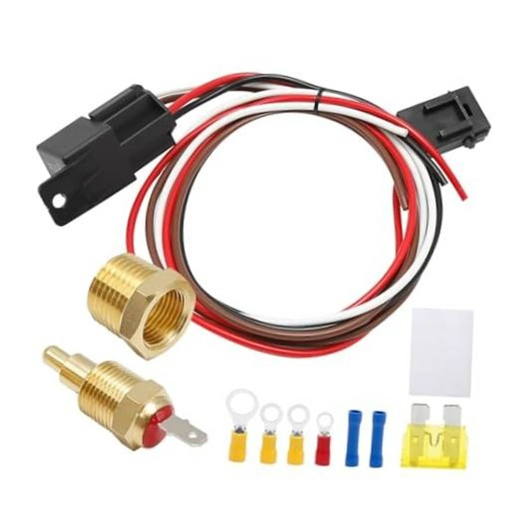 Electric fan wiring thermostat kit with harness, brass sensor, and fuse/terminals