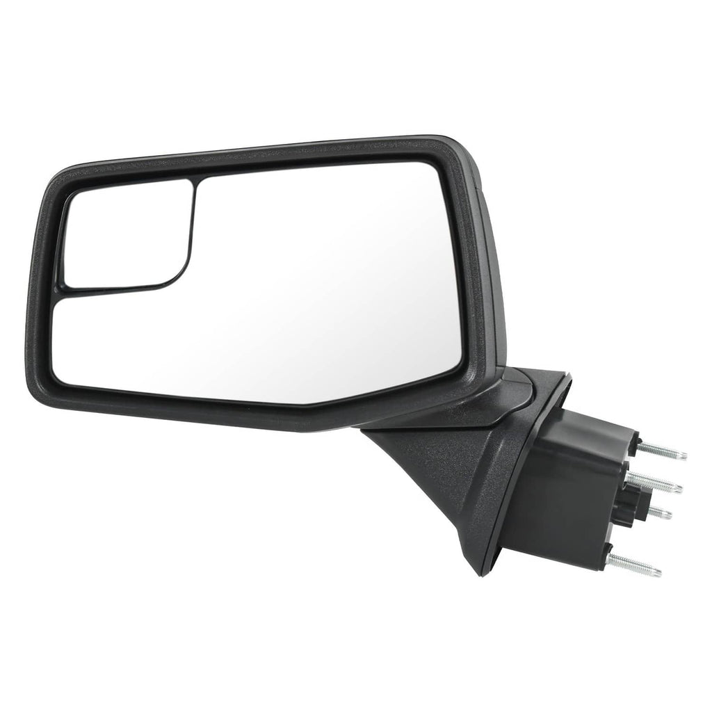 Black driver-side door mirror with clear lens and metal mounting connector pins