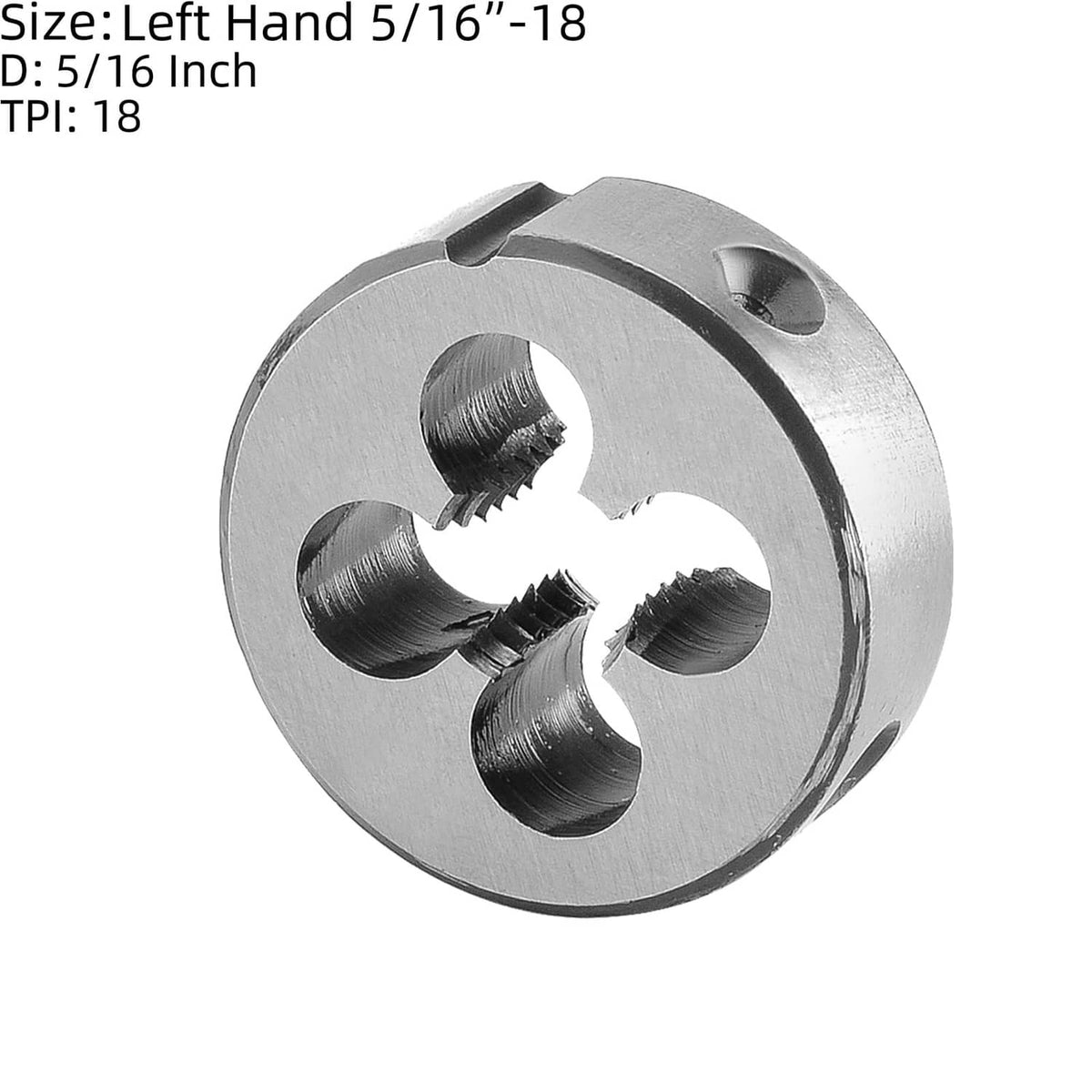 Left-hand 5/16-18 die, silver metal circular die with threaded openings
