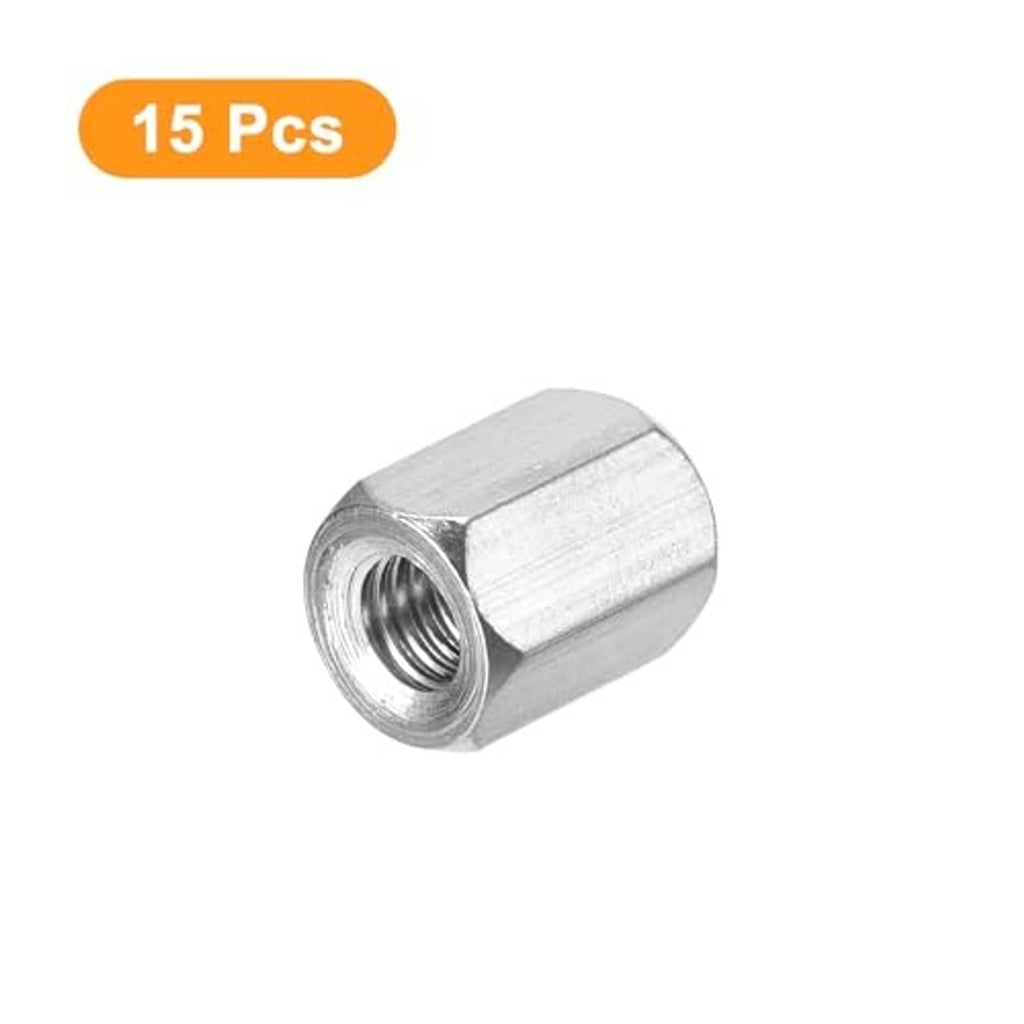 Stainless steel hex coupling nut with internal threads, cylindrical sleeve shape