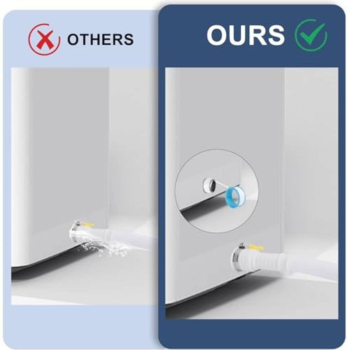 Close-up of white drain hose connected to threaded outlet fitting with seal ring