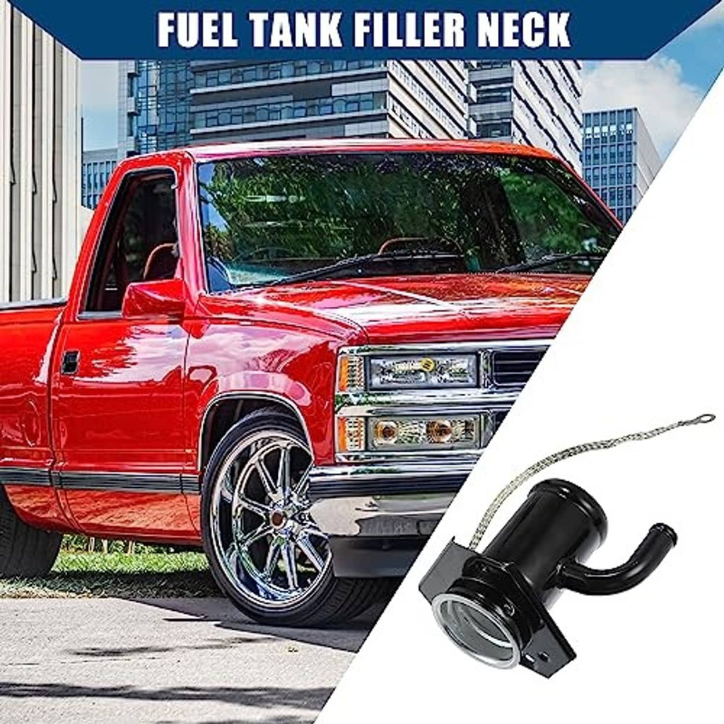 Fuel tank filler neck component with black pipe, round opening, and braided wire