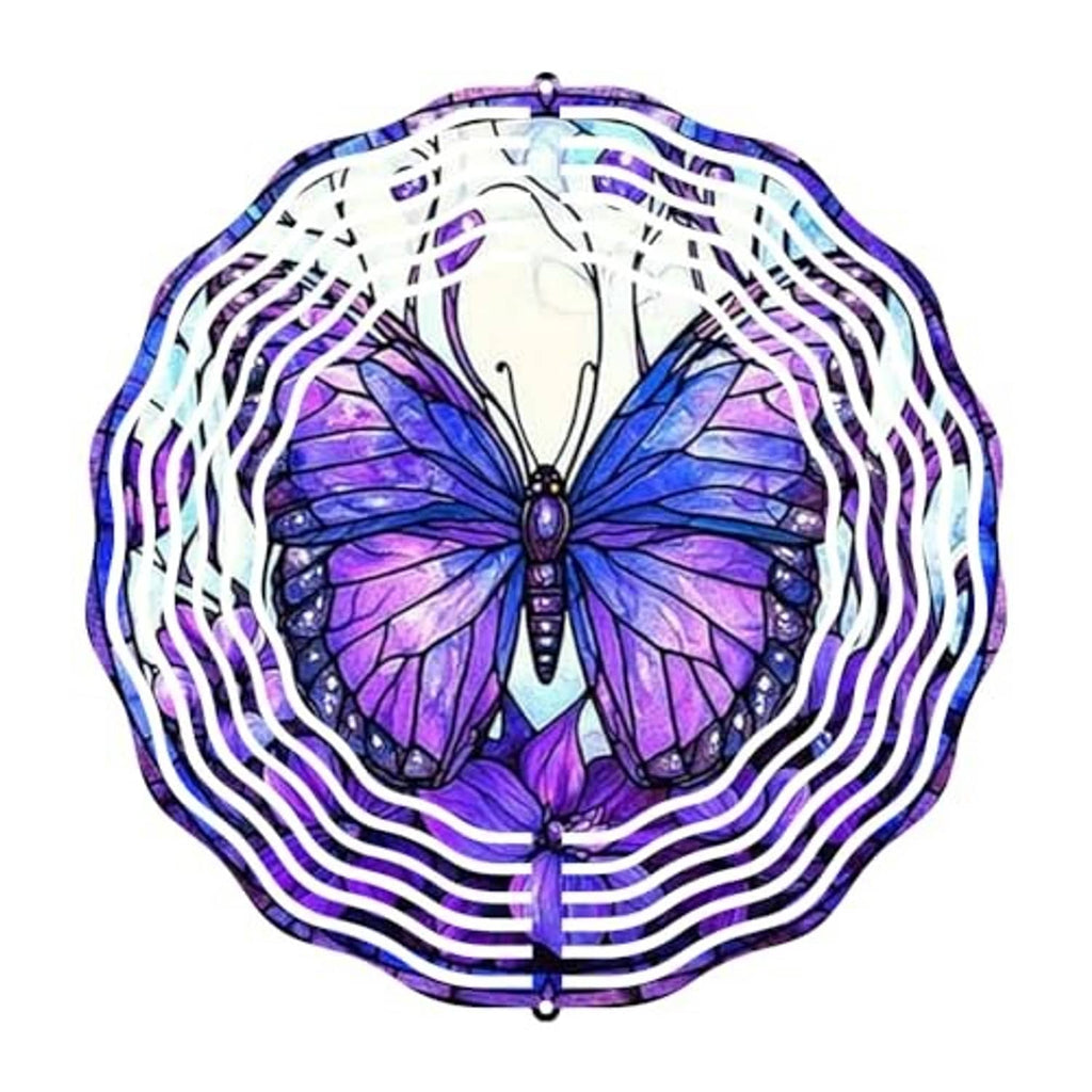Purple butterfly wind spinner with white wavy spiral rings and central body detail