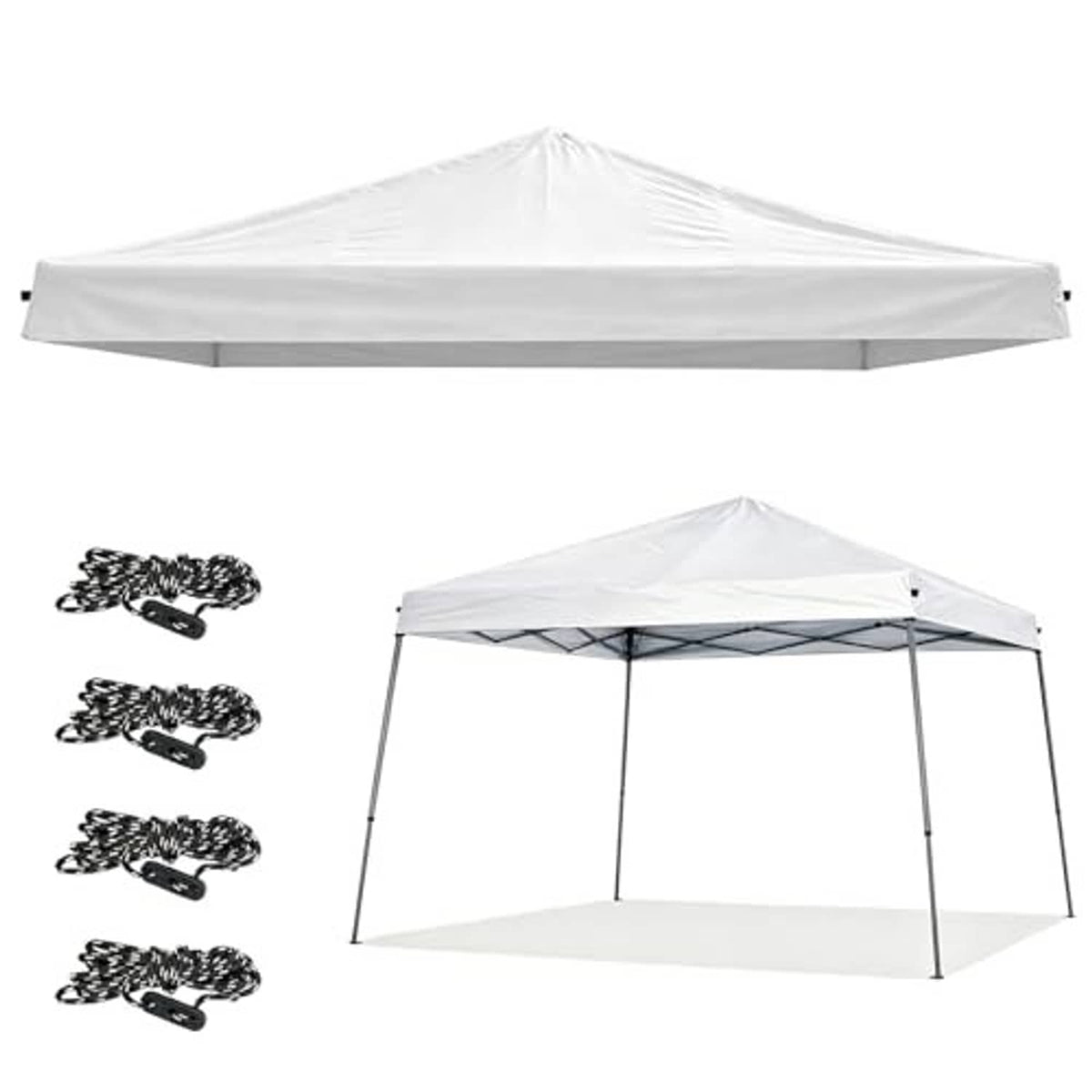 White slant-leg canopy top replacement cover with fitted roof and hanging ropes