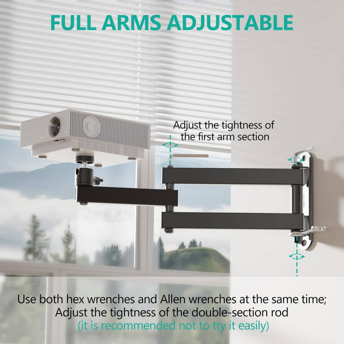 Black projector mount arms with adjustable tension points and clamp plate