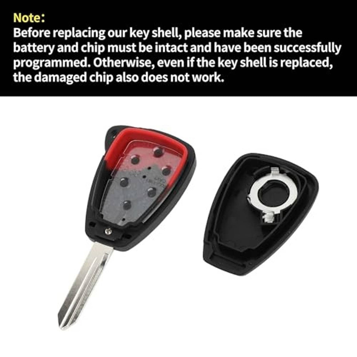 Black key fob shell case half view with exposed interior and metal blade