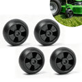 Set of 4 black deck mower wheels with 5-spoke hub and center axle hole