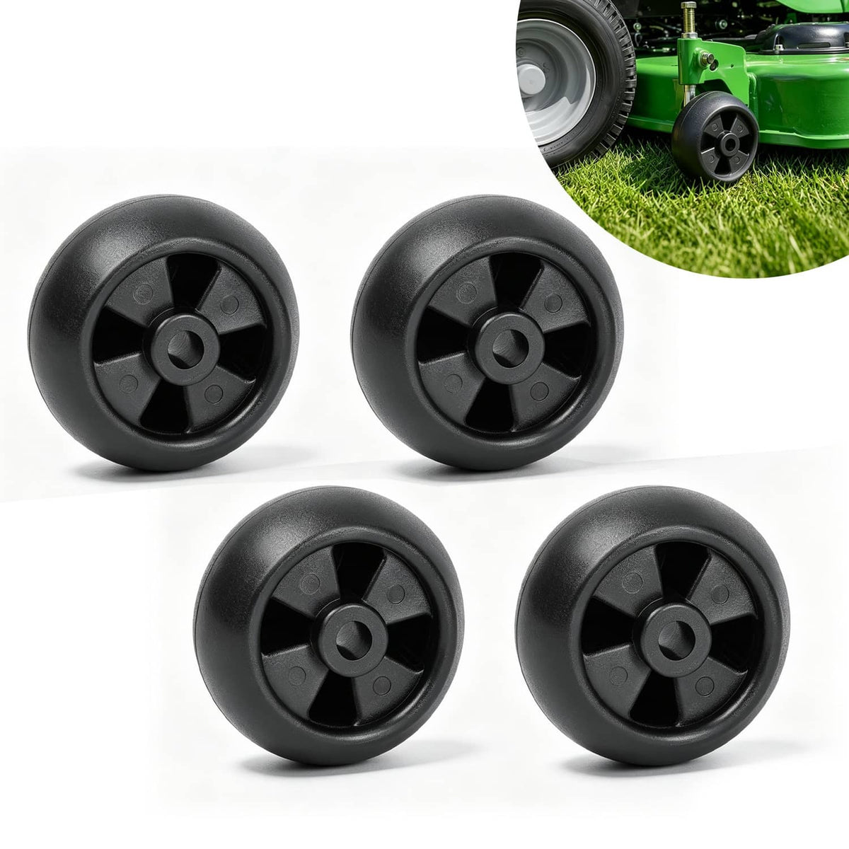 Set of 4 black deck mower wheels with 5-spoke hub and center axle hole
