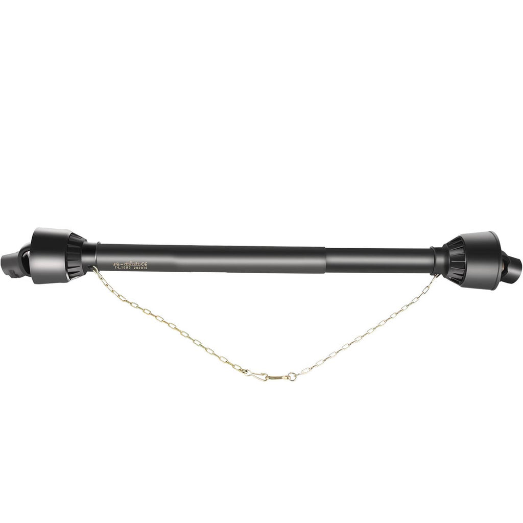 PTO drive shaft with black end yokes and gold safety chain