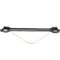PTO drive shaft with black end yokes and gold safety chain