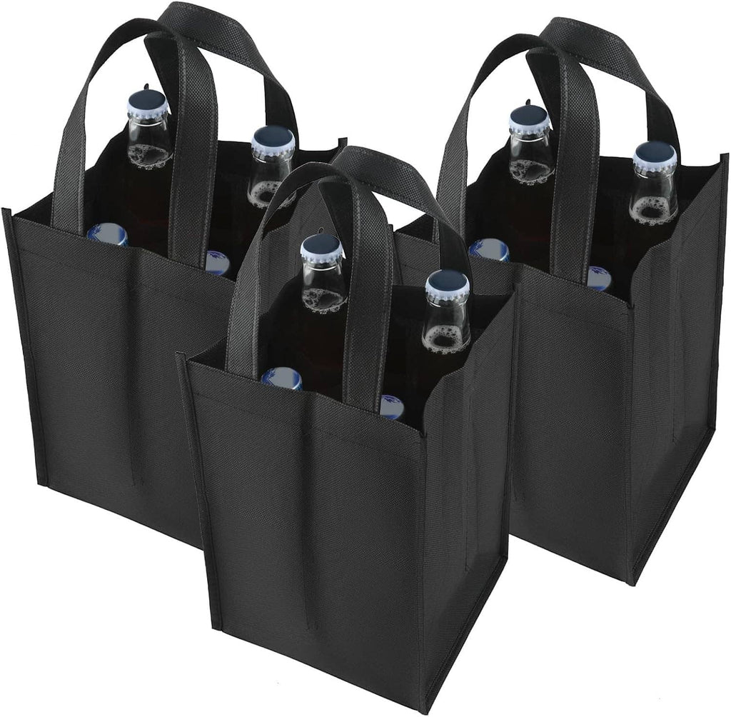 Set of three black 4-bottle wine tote bags with long carry handles and divided bottle slots