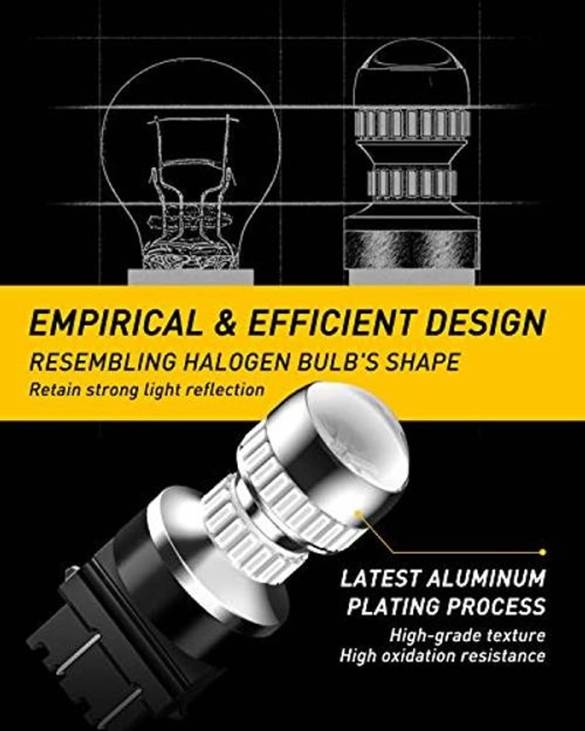 Red LED bulb design with aluminum housing, vented heat sink, and diode details