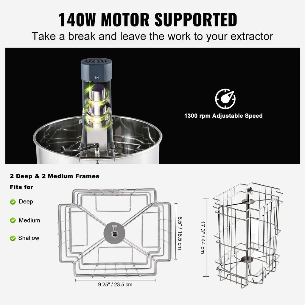 Electric honey extractor with 140W motor drive and adjustable speed