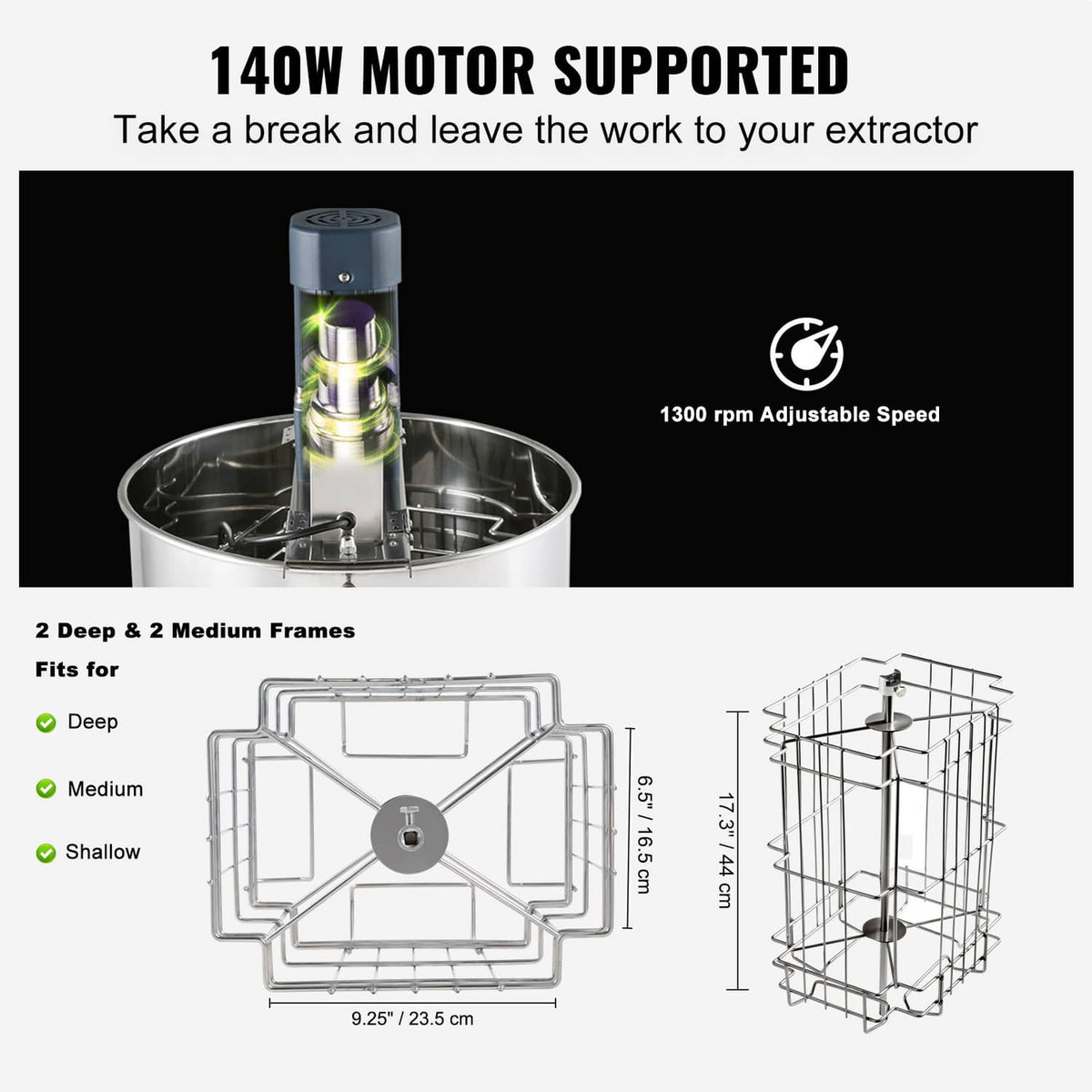 Electric honey extractor with 140W motor drive and adjustable speed