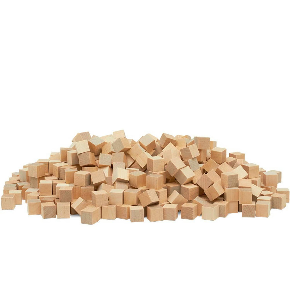 Pack of small blank wooden cubes in natural unfinished color, assorted scattered blocks